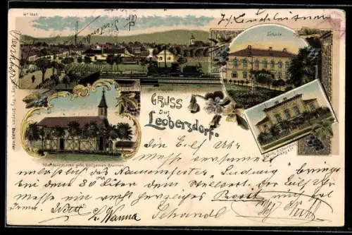 Lithographie Leobersdorf, Ortsansicht, Strassenpartie, Schule, Fabriks-Restauration