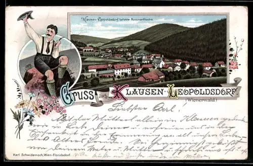 Lithographie Klausen-Leopoldsdorf, Ortschaft aus der Ferne, Wanderer mit Blick auf den Ort
