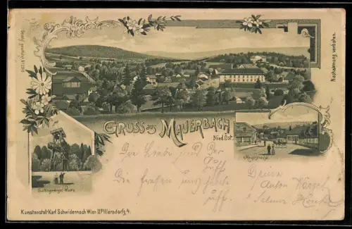 Lithographie Mauerbach /Nied.Öst., Tulbingerkogel-Warte, Hauptstrasse, Totalansicht des Ortes