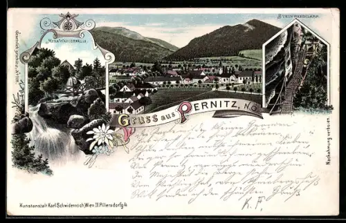Lithographie Pernitz /N. Ö., Myra-Wasserfälle, Steinwandklamm