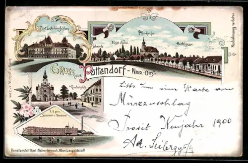 Lithographie Pottendorf /N. Ö., Fürst Esterhazy Schloss, Kirchenplatz, Spinnerei Zwimerei, Schmiede
