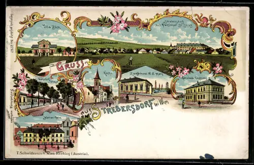 Lithographie Strebersdorf, Villa Böck, Marien-Heim, Bahnhof-Strasse, Pensionat St. Josef, Gasthaus & Ziergärtnerei