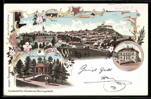 Lithographie Weitra, Blick über den Ort, Pavillon im Gabrielenthal, Rathaus