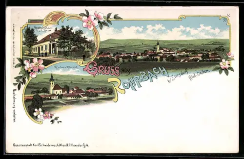 Lithographie Rohrbach b. Ziersdorf, Geschäft P. u. E. Bauer, Kirche und Pfarrhof