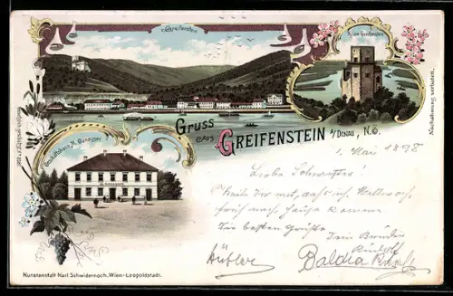 Lithographie Greifenstein, Geschäftshaus M. Ganauser, Ruine Greifenstein