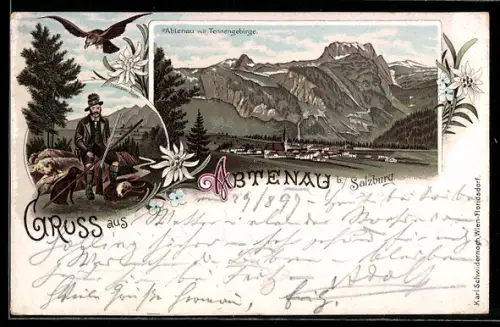 Lithographie Abtenau, Gesamtansicht mit Tennengebirge, Jäger mit erlegter Gämse, Adler und Jagdhund