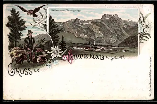 Lithographie Abtenau, Gesamtansicht mit Tennengebirge, Jäger mit erlegter Gämse, Adler und Jagdhund