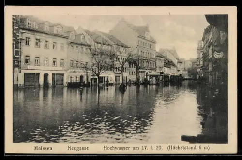 AK Meissen, Hochwasser 1920, Neugasse mit Geschäften