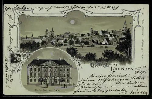 Mondschein-Lithographie Lauingen, Albertus Magnus Platz, Ortspanorama