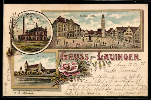 Lithographie Lauingen, Schloss, Albertus-Platz, Centrale