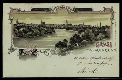 Lithographie Lauingen a. D., Blick die Donau entlang zur Stadt
