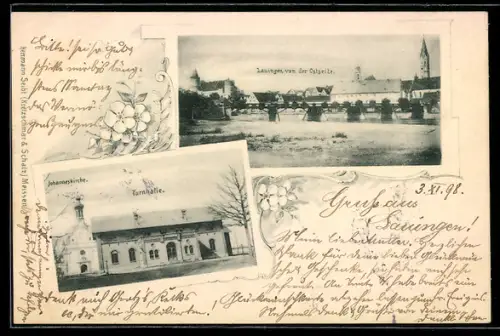AK Lauingen, Ortsansicht von der Ostseite mit Turnhalle und Johanneskirche