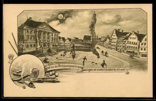Wirtshaus-AK Lauingen, Marktplatz aus der Sicht eines Betrunkenen