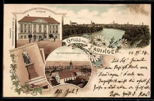 Lithographie Lauingen, Albertus Magnus Denkmal, Rathaus, Kg. Schullehrerseminar, Ortsansicht und Flusspartie