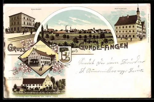 Lithographie Gundelfingen, Schloss Schlachteck, Geschäftshaus Schlienz, Rathaus, Bahnhof und Panorama