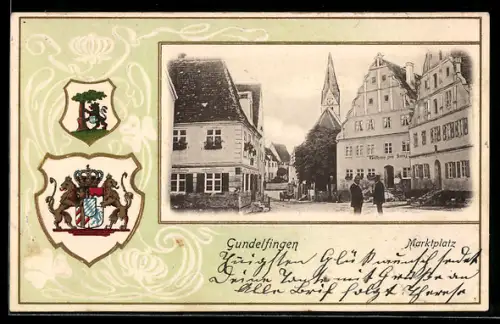 Passepartout-Lithographie Gundelfingen, Marktplatz und Wappen