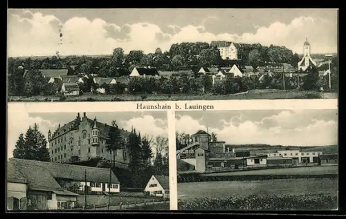 AK Haunsheim /Lauingen, Ortsansicht mit Kirche, Schloss und Werksanlagen