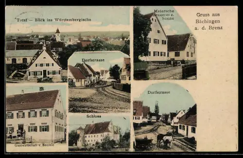 AK Bächingen a. d. Brenz, Maiersche Brauerei z. Sonne, Gasthaus v. Seessle, Dorfstrasse und Schloss