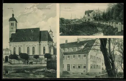 AK Haunsheim, Gasthaus und Brauerei Wilhelm Buck, Kirche und Schloss