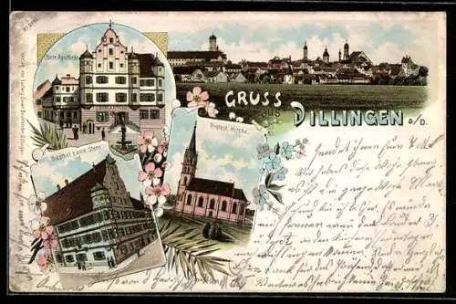 Lithographie Dillingen a. D., Gasthof zum Goldenen Stern, Obere Apotheke, Protest. Kirche, Panorama