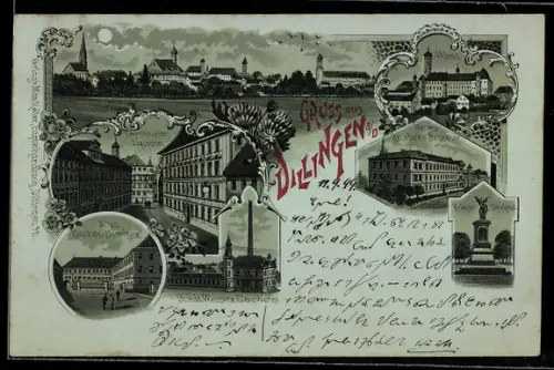 Mondschein-Lithographie Dillingen a. D., Kriegerdenkmal, Altes und Neues Knaben-Seminar, Schloss, Lyceum