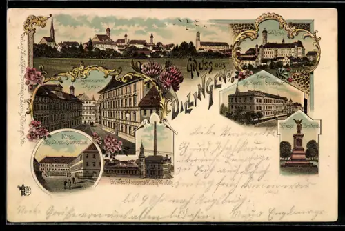 Lithographie Dillingen a. D., Altes und neues Knaben-Seminar, Kriegerdenkmal, Schloss und Lyceum