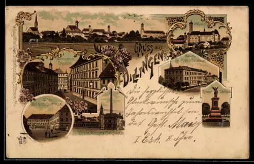 Lithographie Dillingen a. D., Schloss, Altes und neues Knaben-Seminar, Kriegerdenkmal, Panorama