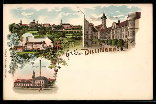 Lithographie Dillingen, Electrische Centrale, Schloss, Lyceum, Totalansicht