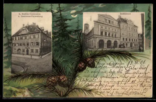 Lithographie Dillingen / Donau, Rathaus, Bezirks-Commando und Garnisons-Verwaltung, im Tannen-Rahmen