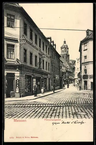 AK Meissen, Strasseneck an der Fleischergasse mit Manufaktur-Warengeschäft