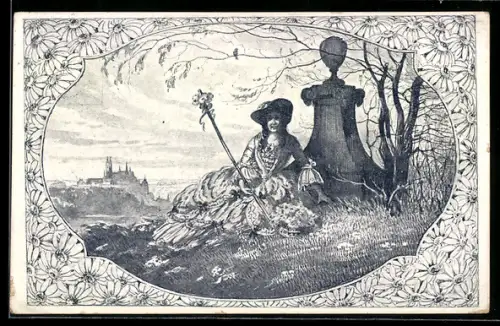 AK Meissen /Sachsen, Frau in elegantem Kleid an einem Denkstein, Margeritentag