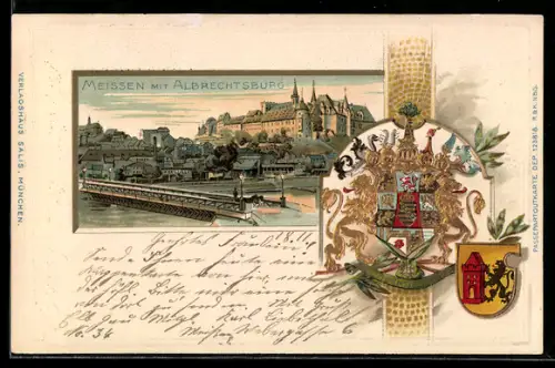 Passepartout-Lithographie Meissen, Brücke mit Albrechtsburg, Wappen