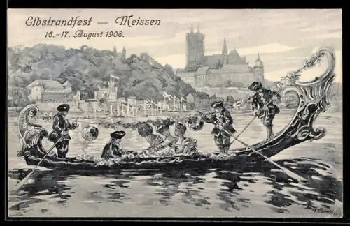 AK Meissen, Sicht auf den Festplatz während des Elbstrandfestes 1908, Geschmückte Gondel in Fahrt