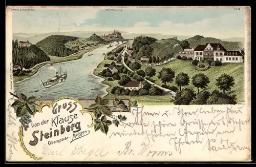 Lithographie Oberspaar-Meissen, Gasthaus Steinberg mit Aussicht auf die Albrechtsburg