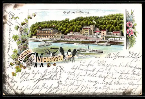 Lithographie Meissen, Gasthaus zur Geipel-Burg und Dampfer