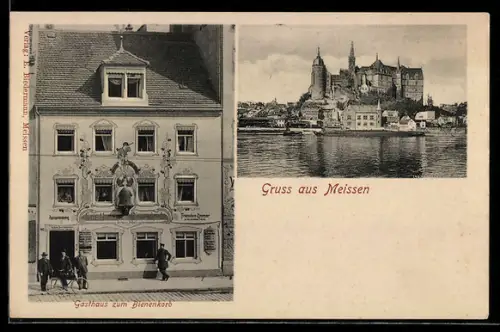 AK Meissen, Gasthaus Bienenkorb, Neugasse, Hauptstrasse 9, Hermann Michael, Blick auf die Albrechtsburg