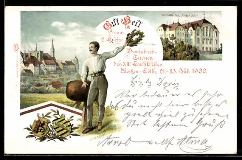 Lithographie Meissen, 2. Kreis-Vorturner-Turnen des XII. Turnkreises 1900, Turnhalle des Frisch-Auf, Turnfest