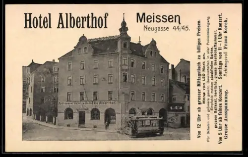 AK Meissen / Elbe, Hotel Alberthof, Neugasse 44/45, Strassenbahn