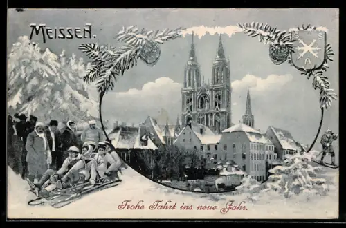 Grusskarten-AK Meissen, Blick auf den Dom im Winter, Gesellschaft beim Rodeln