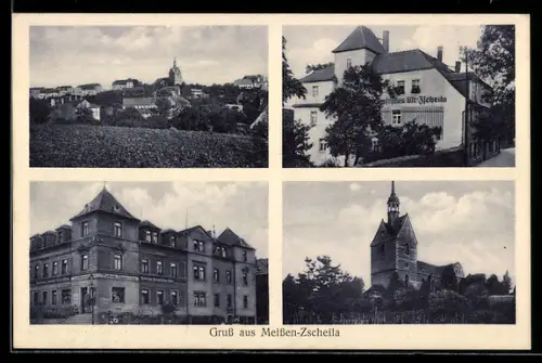 Künstler-AK Meissen-Zscheila, Gasthaus Alt-Zscheila, Tabak-Geschäft von Woldemar Schmidt, Anblick der Kirche
