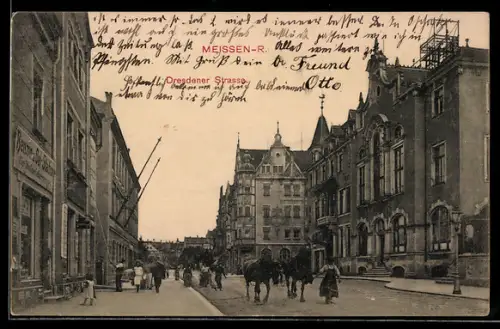 AK Meissen, Blick in die Dresdener Strasse mit Benzin- und Öl-Station