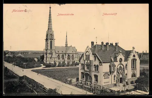 AK Meissen, Teilansicht mit Johanniskirche und Johannisstift in der Johannesstrasse