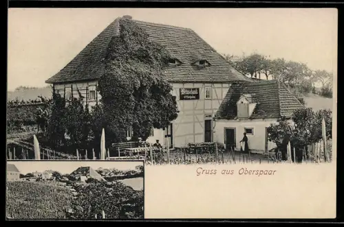 AK Oberspaar, Weingut-Gasthof Bertzsching, Teilansicht des Ortes mit Weinbergen