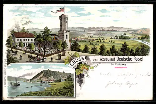 Lithographie Meissen, Restaurant Deutsche Posel mit Terrasse, Feldpartie mit Dampfer
