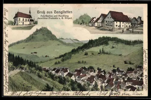 Künstler-AK Dangstetten, Fabrikation und Handlung chemischer Produkte von G. Hilpert, Ortsansicht