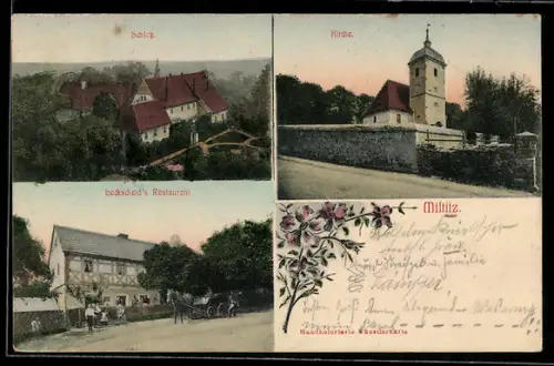 AK Miltitz, Leckscheid`s Restaurant, Schloss, Kirche