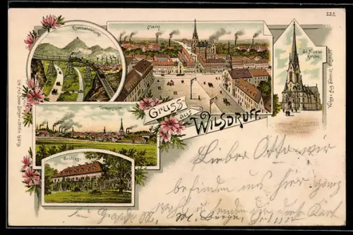 Lithographie Wilsdruff, St. Nicolai-Kirche, Schloss, Eisenbahnbrücke, Totalansicht vom Ort