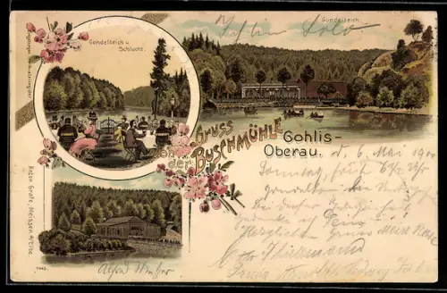 Lithographie Gohlis-Oberau, Gasthaus Buschmühle, Gondelteich und Schlucht