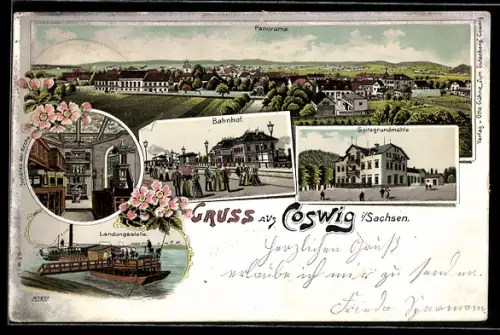 Lithographie Coswig, Dampfer an der Landungsstelle, Bahnhof, Restaurant Spitzgrundmühle