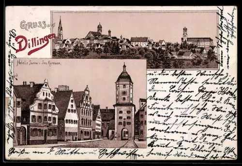 Lithographie Dillingen, Hotel zur Sonne von Jos. Karmann, Ortsansicht mit Kirche